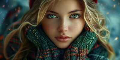 A Japanese Girl With Blonde Hair and Green Eyes Wearing a Sweater in Winter photo