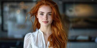 Portrait of a Woman With Long Red Hair and Freckles photo