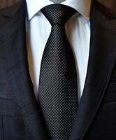 Close-Up of a Black Necktie and Suit Jacket photo