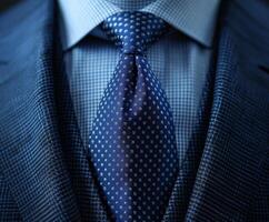 Close-Up of a Blue Suit With a White Dotted Tie photo