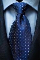 Close-Up of a Navy Blue Tie With White Polka Dots on a Sharp Suit photo