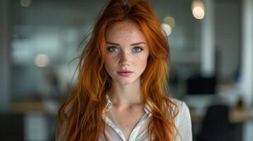 Portrait of a Woman With Long Red Hair in an Office Setting photo