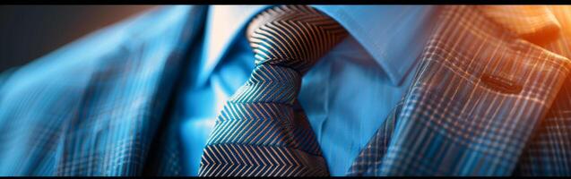 A Close-Up View of a Striped Necktie and Blue Suit photo
