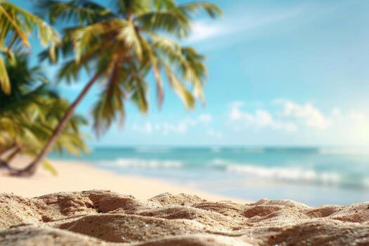 Soft Sand Beach With Blurred Palm Trees and Ocean photo
