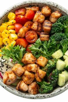 A la parrilla pollo y vegetal ensalada cuenco con maíz, pepino, y brócoli foto