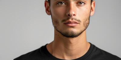 Man Wearing Black T-Shirt Against Grey Background photo