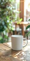 White Coffee Mug on Wooden Table at Outdoor Cafe photo