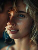 Close-Up Portrait of a Woman With Blonde Hair and Blue Eyes, Looking at Her Partner photo