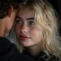 Young Woman With Blonde Hair and Freckles Gazing Lovingly at a Man photo