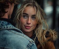 Blond Woman With Freckles Looking at the Camera, Standing Behind a Man in a Denim Jacket photo