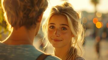 Woman Smiling at Man During Sunset in a City photo