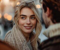 Woman Smiling at Man With Bokeh Lights in Background photo