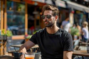 Man Wearing Black T-Shirt and Sunglasses Sits at Outdoor Cafe Table photo