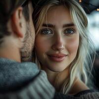 Close Up Portrait of a Woman With Blonde Hair Smiling at the Camera With a Mans Arm Around Her photo