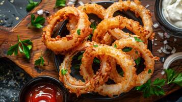 Crispy Fried Onion Rings With Dipping Sauces on a Wooden Board photo
