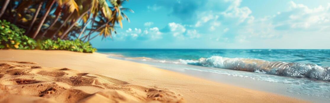 Tranquil Palm Tree Beach Scene With Blue Sky and Ocean Waves photo