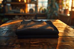 Folded Black T-Shirt On Wooden Table In A Cafe photo