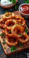 Crispy Fried Onion Rings With Mayonnaise and Tomato Sauce on Wooden Board photo