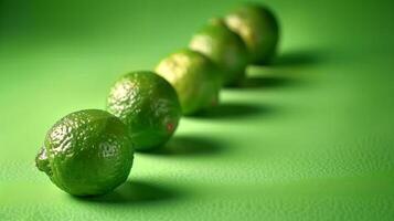 Fresh Green Lemons Lined Up On Green Surface photo