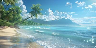 Tranquil Tropical Beach With Lush Palm Trees and Crystal Clear Water photo
