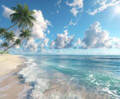 Tranquil Tropical Beach Scene With Palm Trees and Blue Sky photo
