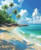 Tranquil Tropical Beach With Palm Trees Under A Sunny Sky photo