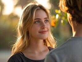 Young Woman Gazes Lovingly at Man in Golden Hour Sunlight photo