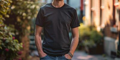 Man Wearing Black T-Shirt in Casual Setting photo
