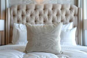 Soft White Pillow on a Plush Bed in a Hotel Room photo