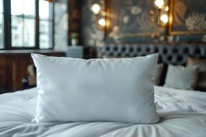 White Pillow on a Hotel Bed With Soft Fabric Cover photo