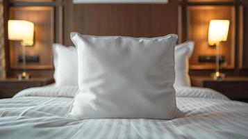 White Pillow on a Made Bed in a Hotel Room photo