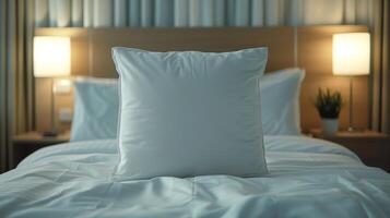 White Pillow on a Made Hotel Bed With Soft Fabric Cover photo