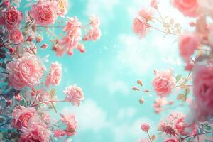 Pink Roses and Peonies Blooming Against a Blue Sky photo