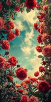 Blooming Red Roses and Pink Peonies Frame Sunny Sky photo