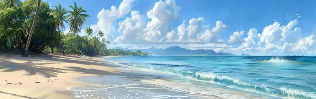 Tranquil Tropical Beach With Palm Trees and Crystal Clear Water on a Sunny Day photo
