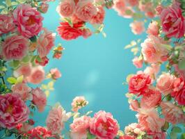 Pink Roses and Peonies Bloom Against a Bright Blue Sky photo