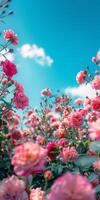 Pink Roses and Peonies Blooming Under a Summer Sky photo