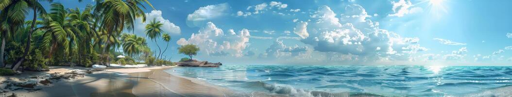 Tranquil Tropical Beach Scene With Palm Trees and Crystal Clear Water Under a Sunny Sky photo