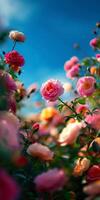 Pink Roses And Peonies Bloom Against A Blue Sky photo
