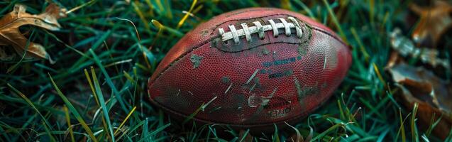 A Worn American Football Resting in Green Grass photo