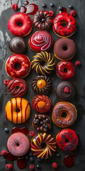 Colorful Glazed Donuts Arranged In A Row On A Dark Surface photo