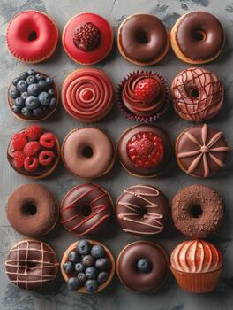 An Assortment of Colorful Donuts and Cupcakes on a Grey Background photo