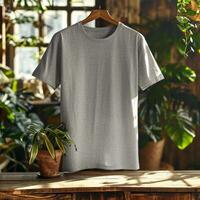 Gray T-Shirt Hanging on Wooden Hanger in Front of Window photo
