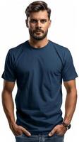 Man Wearing a Navy Blue Short Sleeve T-Shirt With Hands in Pockets photo