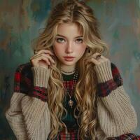 Korean Woman With Blonde Hair and Green Eyes Wearing a Plaid Sweater photo