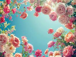Pink Roses and Peonies Blooming Against a Summer Sky photo