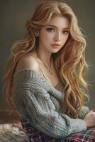 Korean Woman With Blonde Hair and Green Eyes Wearing a Sweater photo