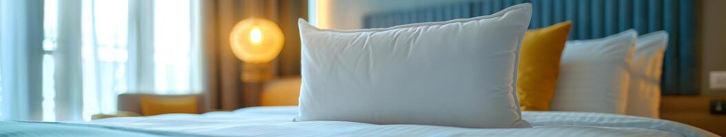 A White Pillow on a Bed in a Hotel Room photo
