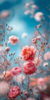 Pink Roses and Peonies Blooming in a Spring Garden photo