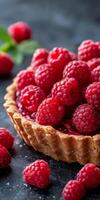 Ripe Raspberry Tart With Flaky Crust on Dark Background photo
